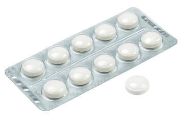 White round tablets in blister pack, with one tablet outside pack, represent medication or supplements. clean and simple design evokes sense of health and wellness