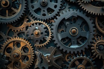 Close-up of interlocking metal gears in motion, steampunk style background