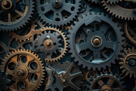 Close-up of interlocking metal gears in motion, steampunk style background