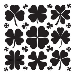 A set of black leaf clover silhouettes on a white background 