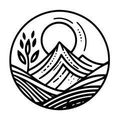Mountain Landscape in a Circle: Minimalist Black and White Design