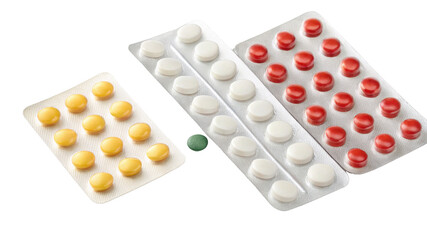 Pills various colors and shapes are arranged blister packs, showcasing vibrant assortment of medication. image evokes sense of health and wellness, emphasizing importance of medication daily life