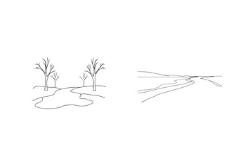 Fototapeta premium Minimalist Line Art Landscapes With Trees And River Outlines Drawing Vector Set