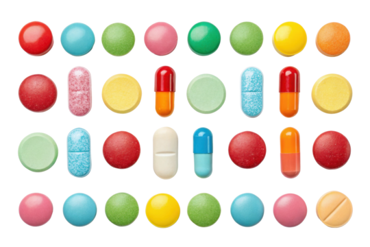 Colorful assortment of various pills and candies arranged grid pattern, showcasing different shapes and sizes. vibrant colors create visually appealing display, evoking sense of fun and variety