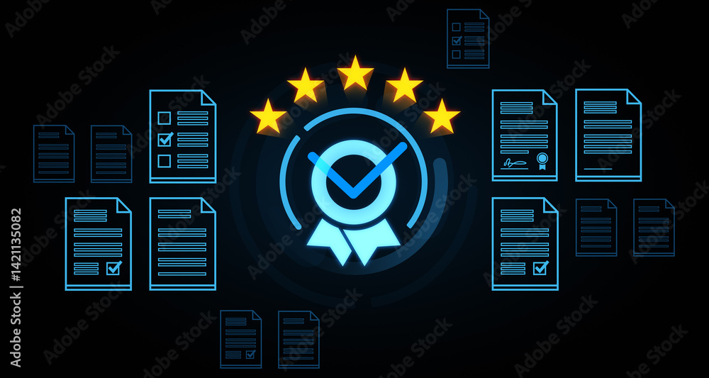 Poster quality assurance badge with checkmark and five stars surrounded by glowing certified documents on d