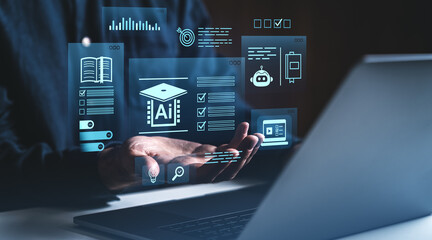 Digital learning interface with AI education icons floating above open hands..