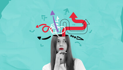 Thoughtful young woman with colorful abstract arrows and lines e