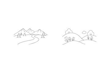 Minimalist Landscape Illustration With Mountains Trees And Flowers Line Art Style