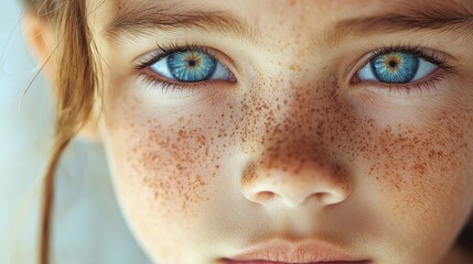A close up of a young girl with freckles on her face