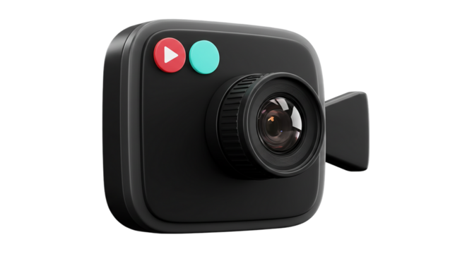 A stylized black camera with a red play button and a teal button on a black background on transparent background - Powered by Adobe