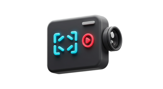A stylized black camera with a blue square icon and a red play button on a black background on transparent background