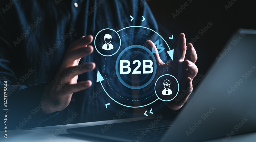 Poster businessman interacting with b2b digital interface displaying business-to-business icons and network