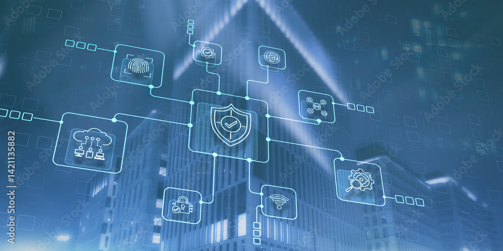 Poster data cyber security system shield protection verification icon