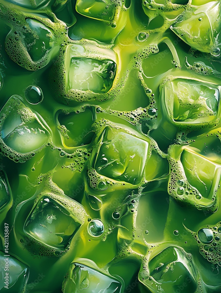 Poster close up of green ice cubes and liquid surface displaying refreshment