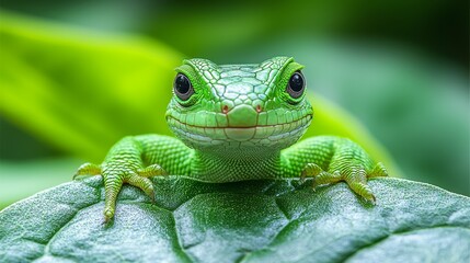 Naklejka premium A green gecko sitting on top of a green leaf