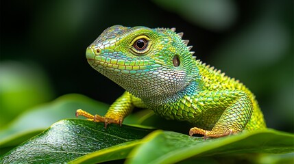 Fototapeta premium A green lizard sitting on top of a green leaf