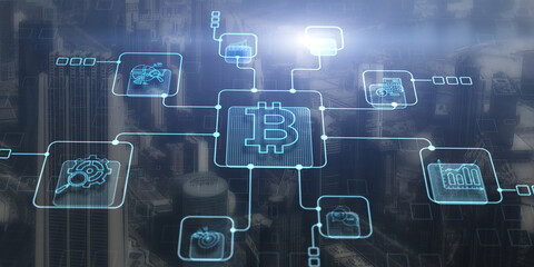 Bitcoin on corporate skyscrapers and office blocks background. Cryptocurrency future Technology