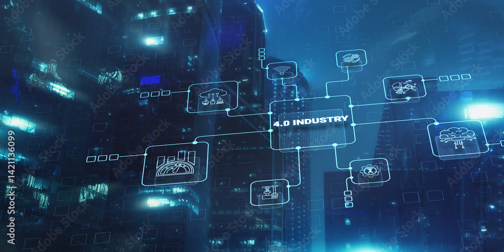 Poster industry 4.0 smart technology concept. automated machinery controlled via internet network