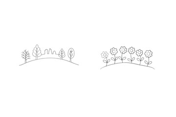 Minimalist Landscape With Trees Cityscape And Flowers On White Background Hand Drawn