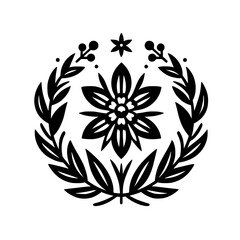 Elegant Black & White Floral Crest Design, Scandinavian Folk Art Style