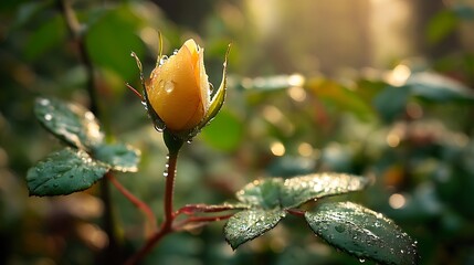 Dew-kissed rosebud in sunlight