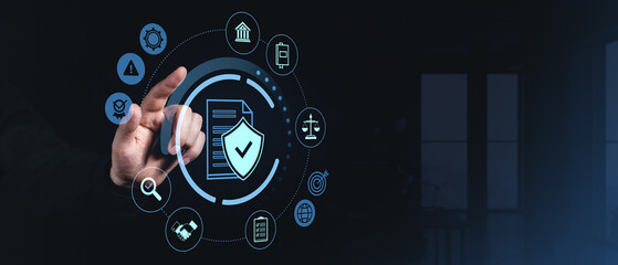 Data protection and compliance concept with hand interacting with digital icons.
