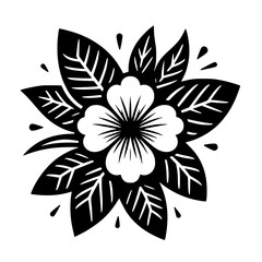 Stylized Black and White Flower with Leaves Illustration
