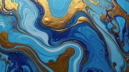 Abstract blue art with swirling liquid textures and a wave of yellow color design