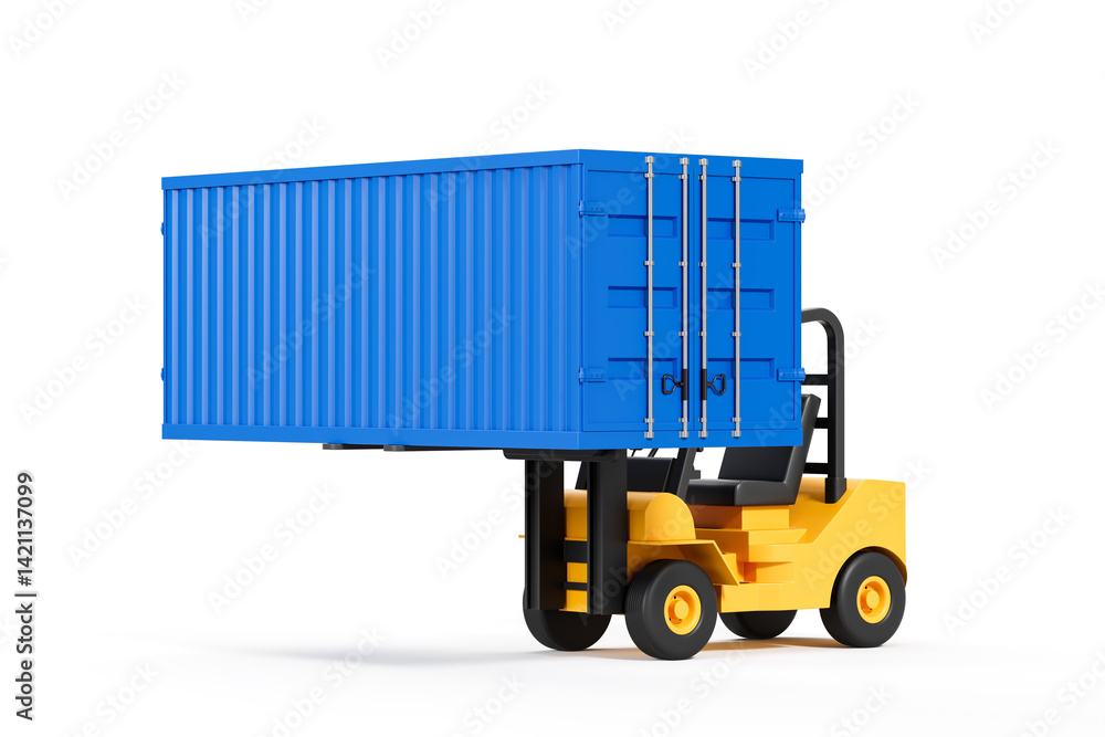 Poster 3d rendering of a forklift lifting a blue cargo container on white background showcasing modern logi