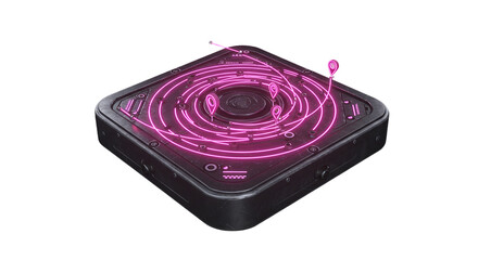 A futuristic device with pink neon circles and location pins on a black background in isometric view on transparent background