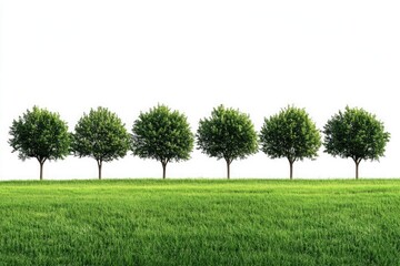 Obraz premium Row of lush green trees on a vibrant grassy landscape isolate on white backgrounds