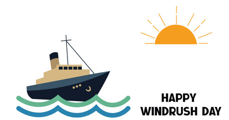 Happy Windrush Day with Ship, Ocean Waves, and Rising Sun – Tribute Illustration