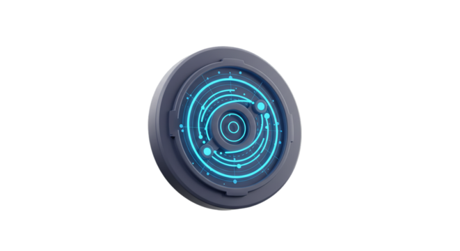 Gray circular device with blue concentric circles and dots on a black isolated background on transparent background