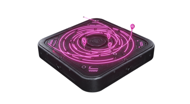 A futuristic device with pink neon circles and location pins on a black background in isometric view on transparent background