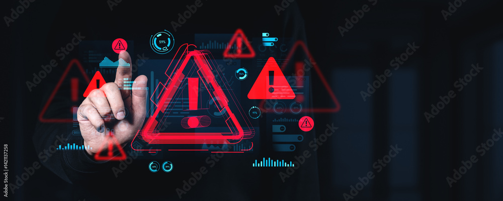 Poster cybersecurity warning system interface with alert symbols and data visualization on dark technology 