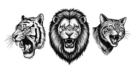 Vintage Illustration of Lion, Tiger and Cat in same rawring and screaming pose