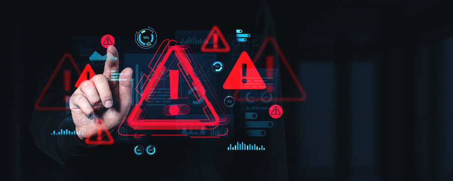 Cybersecurity warning system interface with alert symbols and data visualization on dark technology background with creative futuristic design.