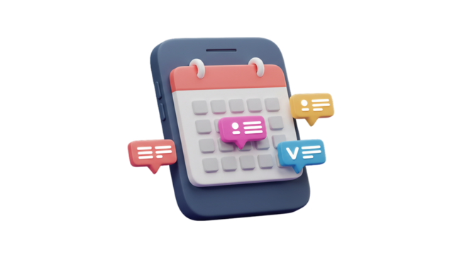 A stylized phone displaying a calendar app with several notification bubbles around the screen on transparent background - Powered by Adobe