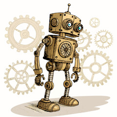 Fototapeta premium Detailed 2D sketch illustration of a Victorian-era steampunk robot, intricate gears, brass components, goggles, and a riveted body. Focus on mechanical detail.