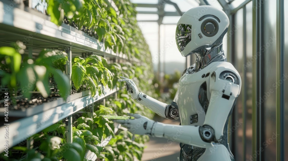 Poster advanced agricultural robot adjusting nutrient levels in a vertical farming setup inside a futuristi