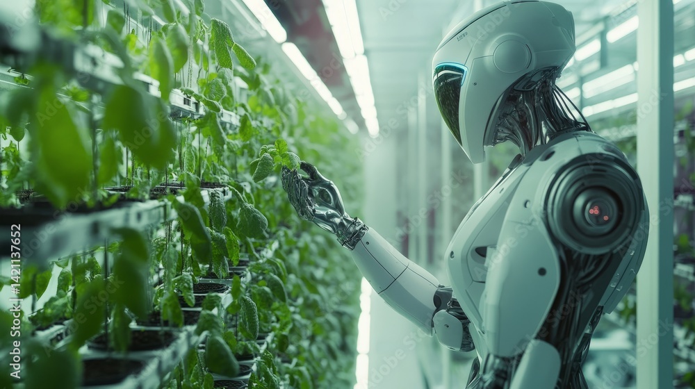Poster advanced agricultural robot adjusting nutrient levels in a vertical farming setup inside a futuristi