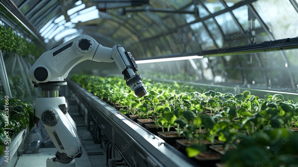 Poster advanced agricultural robot adjusting nutrient levels in a vertical farming setup inside a futuristi