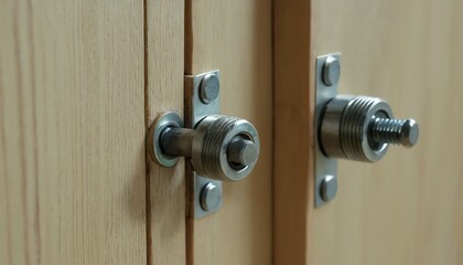 Obraz premium Close up of Modern Door Latches on Light Wooden Door Stylish and Secure Hardware Design