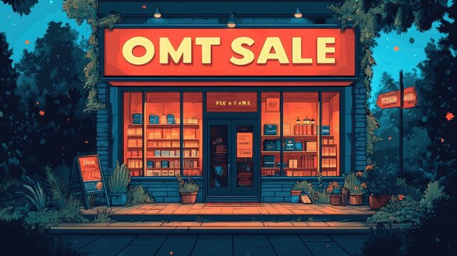 Quaint bookstore facade with an 'OMT SALE' sign amid lush greenery