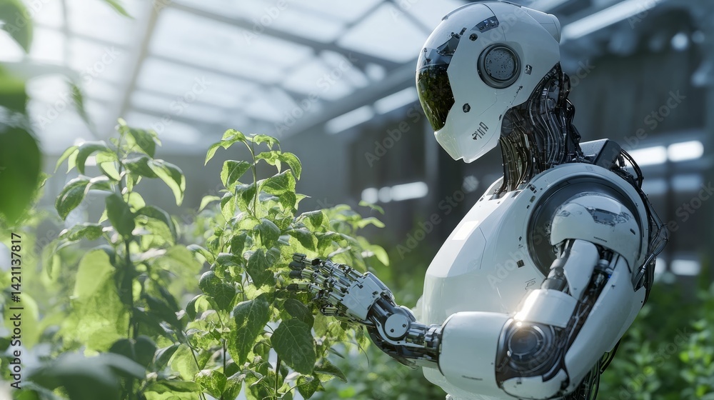 Poster ai-powered robot using advanced tools to prune plants in a temperature-controlled, futuristic greenh