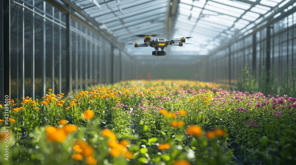 Poster autonomous greenhouse with a sleek robot deploying tiny drones to pollinate flowers in a sealed envi