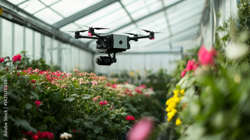 Poster autonomous greenhouse with a sleek robot deploying tiny drones to pollinate flowers in a sealed envi