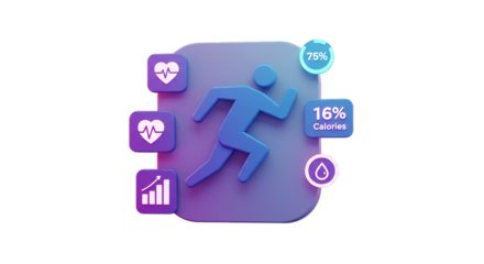 A stylized fitness app interface with a running figure and health related icons on a black background on transparent background