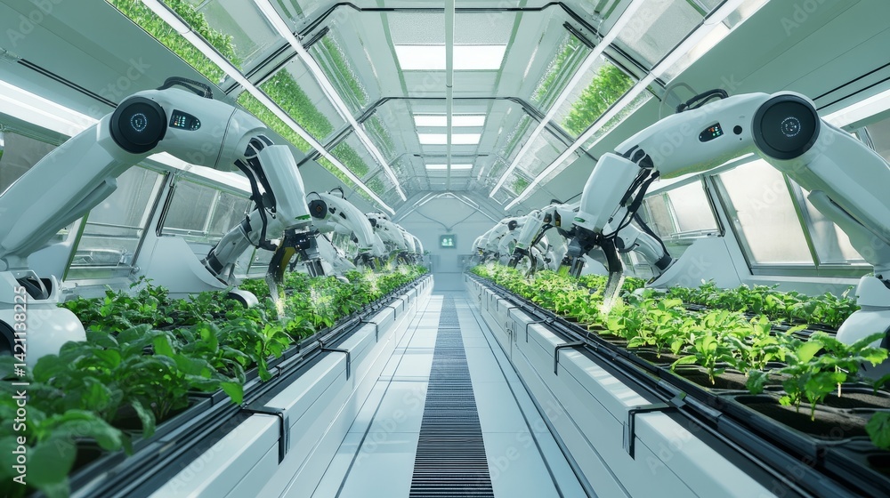 Poster clean and organized futuristic greenhouse with multiple robots conducting automated analysis and car
