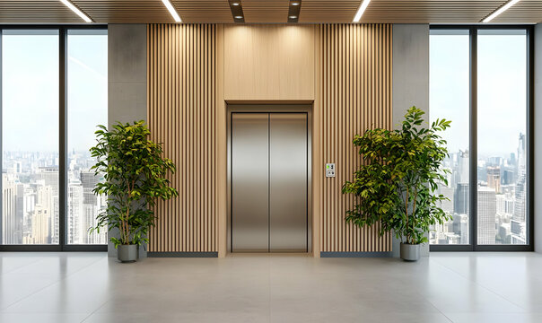 Modern Elevator Interior with City View and Indoor Plants